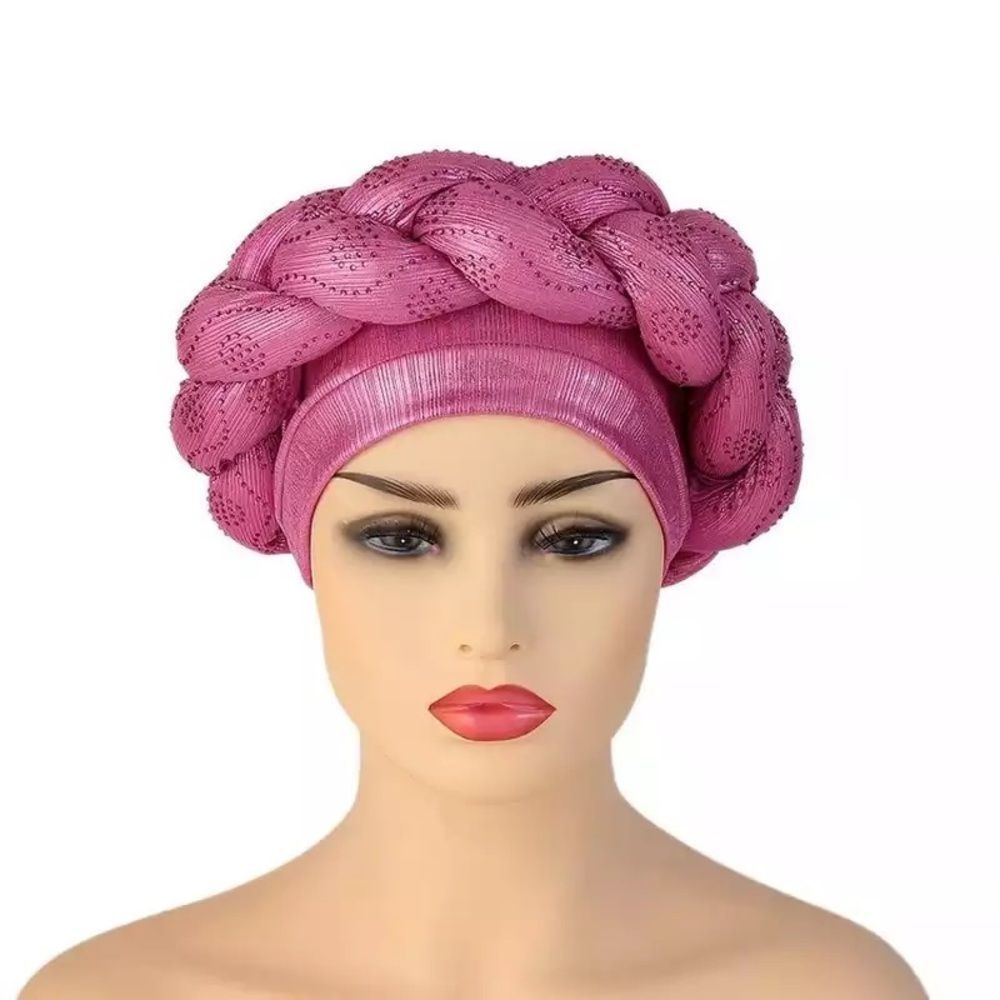 Pink Twisted Stretchy African Turban Head Wrap Crystals Beanie Cap Headwear​​​